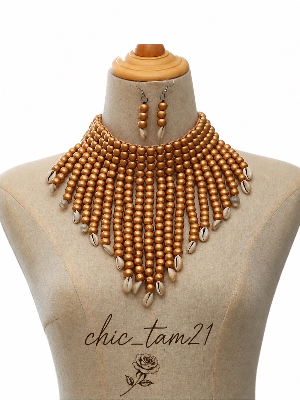 Gold Beaded Fringe Necklace with Shell Accents